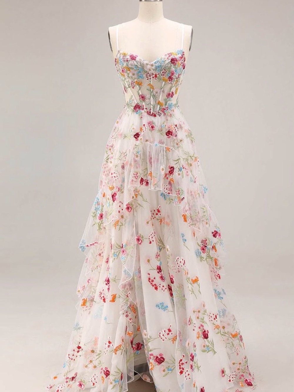 White Strapless Floral Embroidered Evening Gown